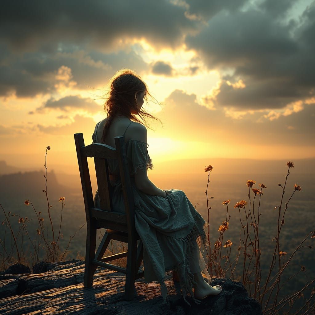 Contemplative Woman Overlooks Barren Landscape in Dark Fanta...