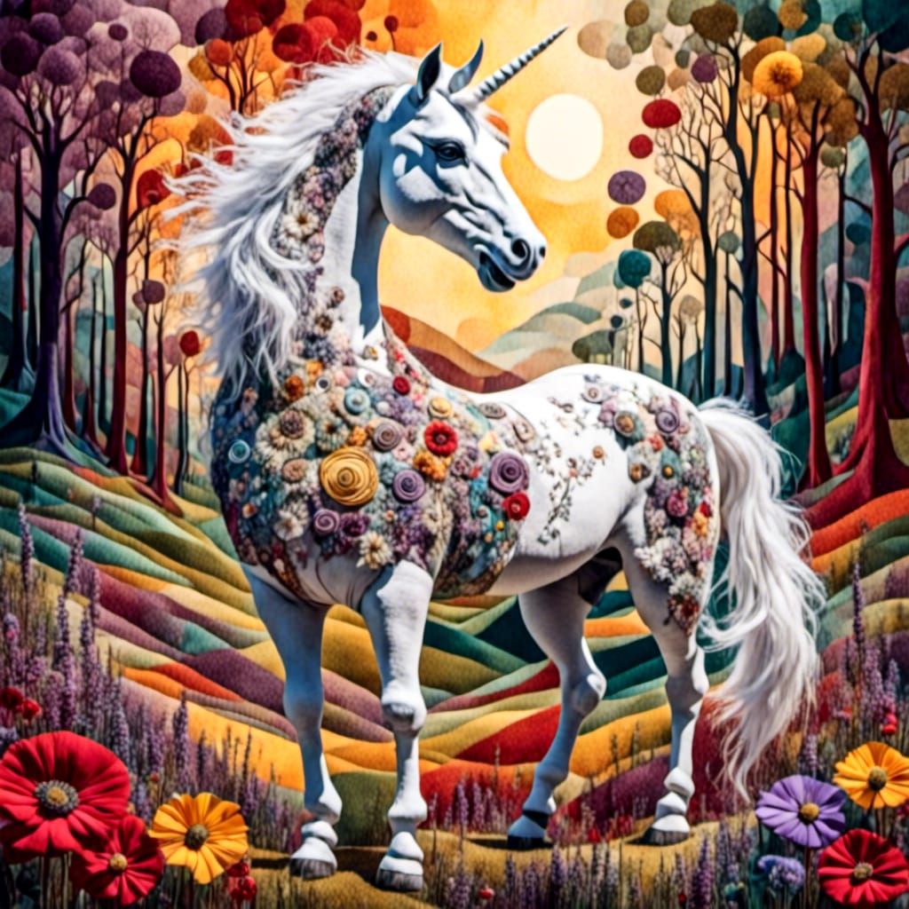 Stitched Unicorn in Patchwork Fantasy Forest