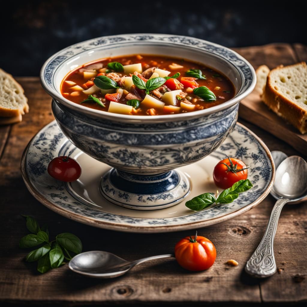 Hyperrealistic Minestrone Soup in Terrine