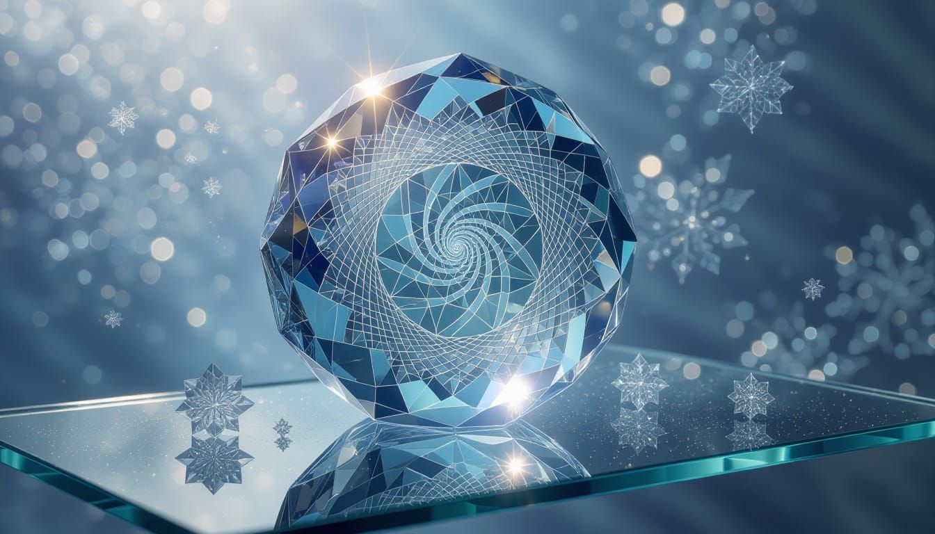 Glowing Crystal Sculpture with Fractal Patterns on Glass