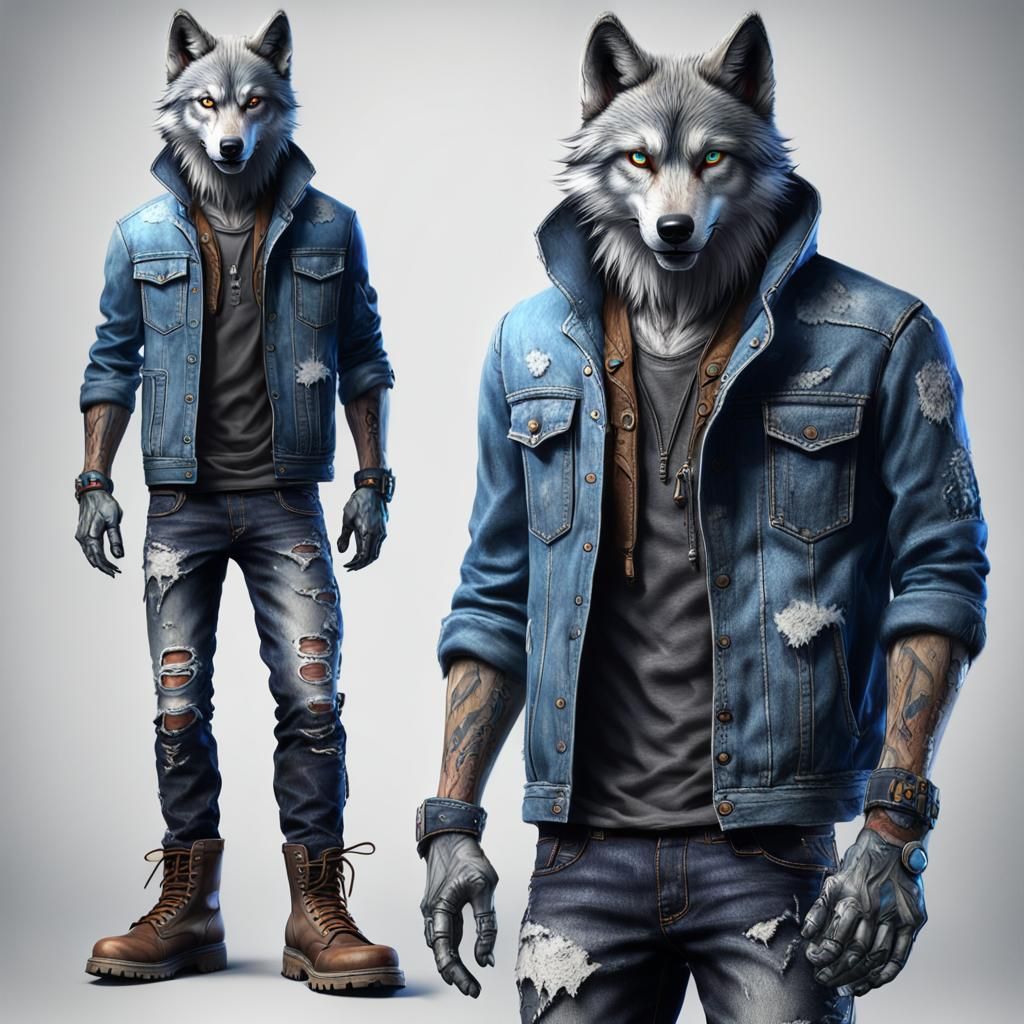 Anthropomorphic Wolf in Jean Jacket, Digital Art