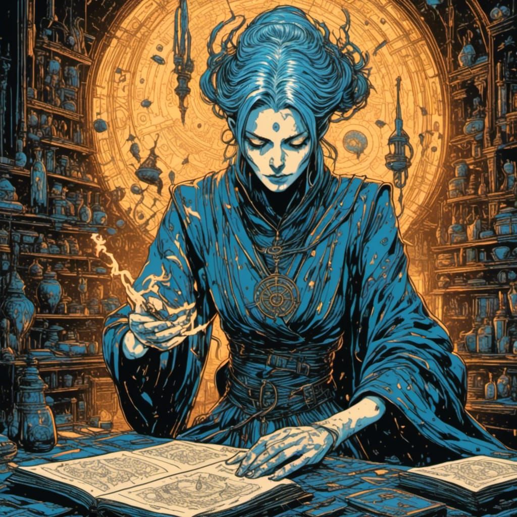 Merlin and Morgana: Iridescent Spells in Linocut Style