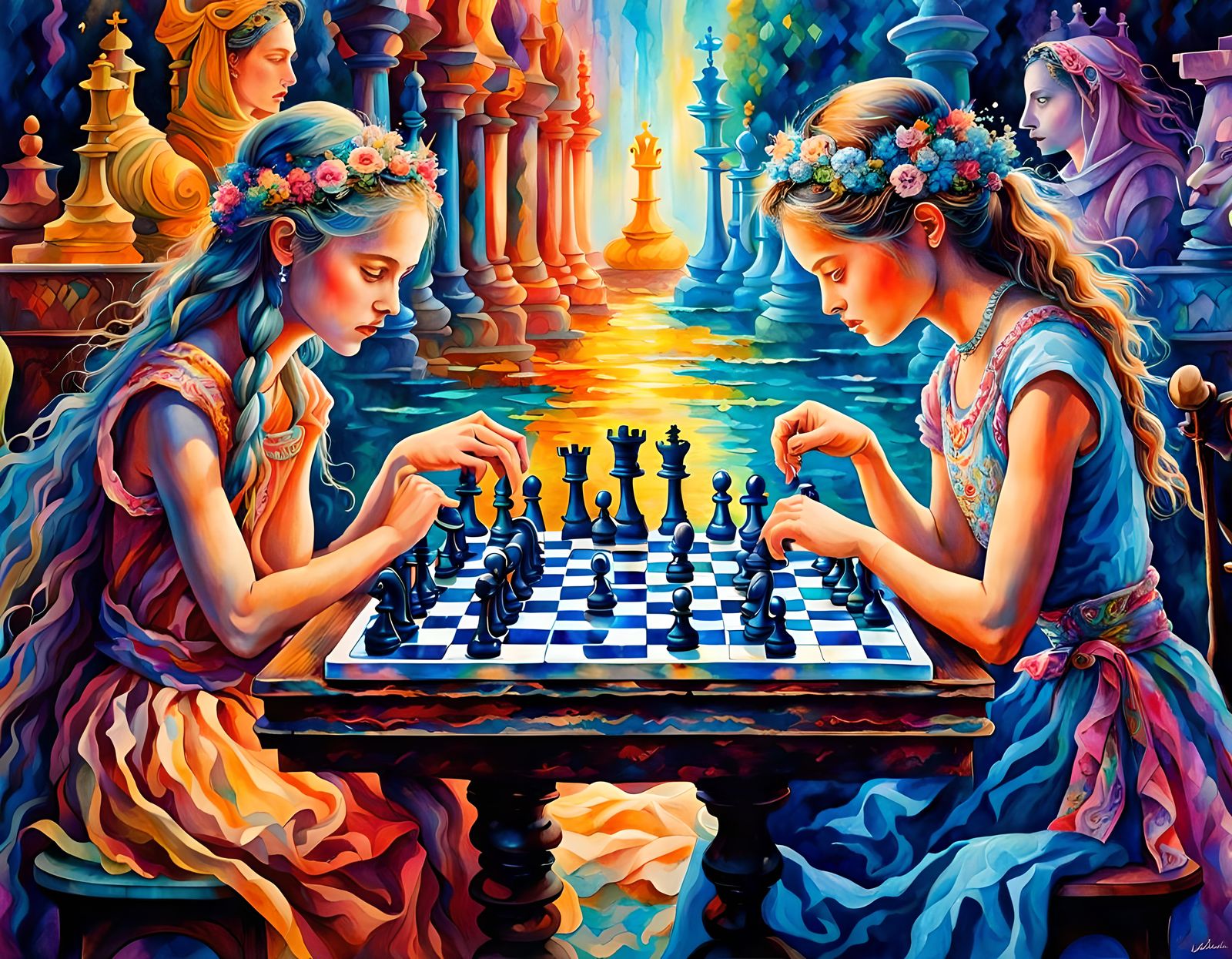 Dramatic Chess Players in Vaporwave Style