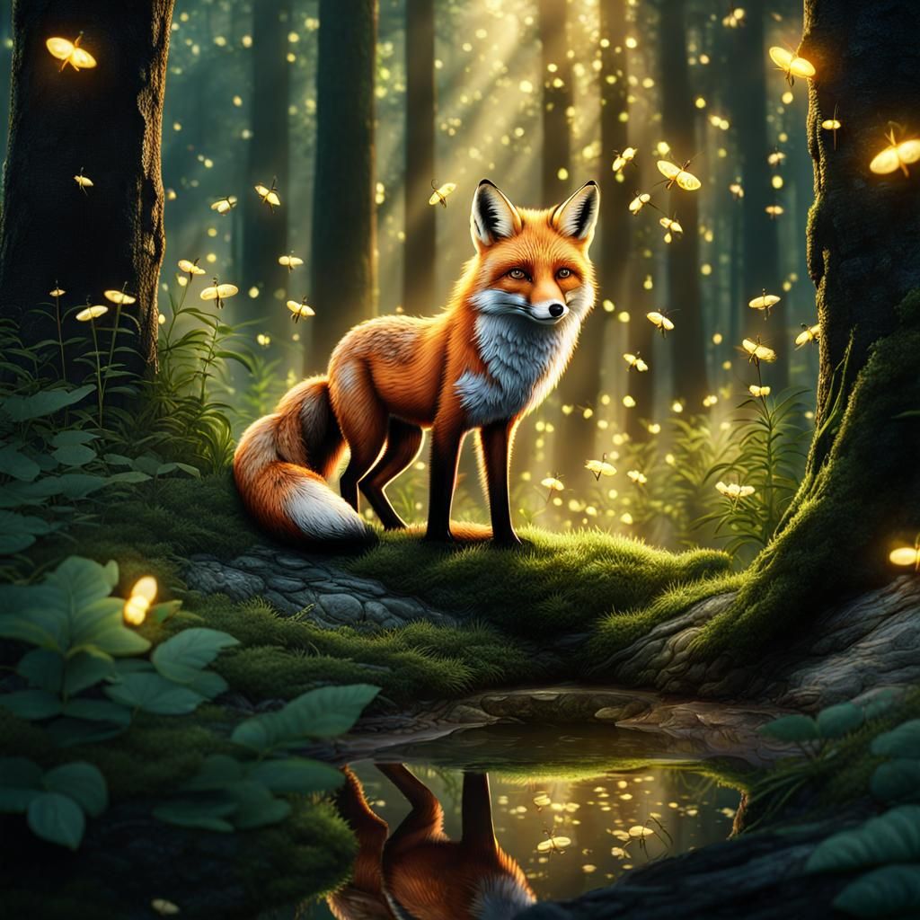 Fox in Firefly Forest: Cinematic Moody Scene