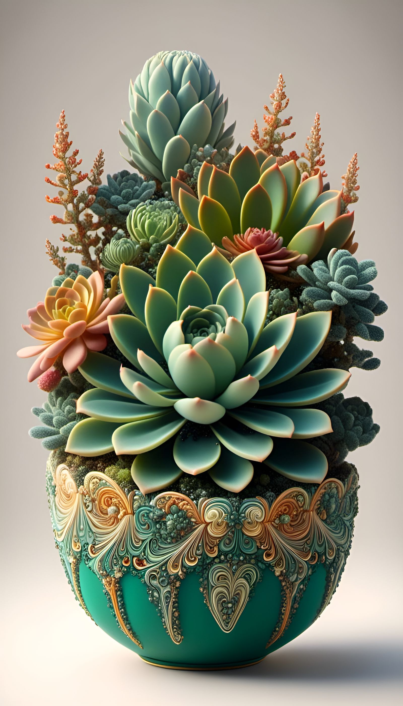 Fractal Succulent in Colorful Planter Pot