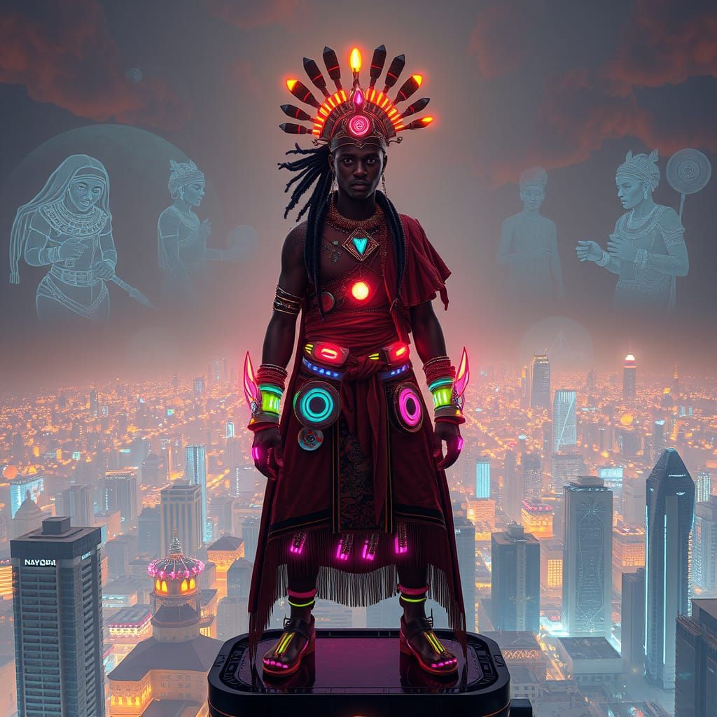 Kenyan Shaman in Futuristic Nairobi, Cyberpunk Art