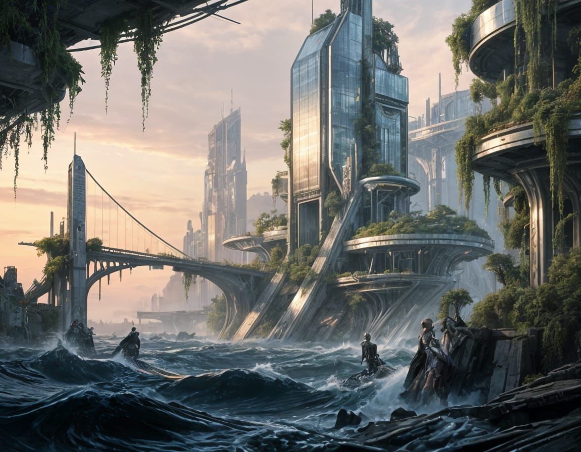 Futuristic City Ruins Emerge from Turbulent Sea