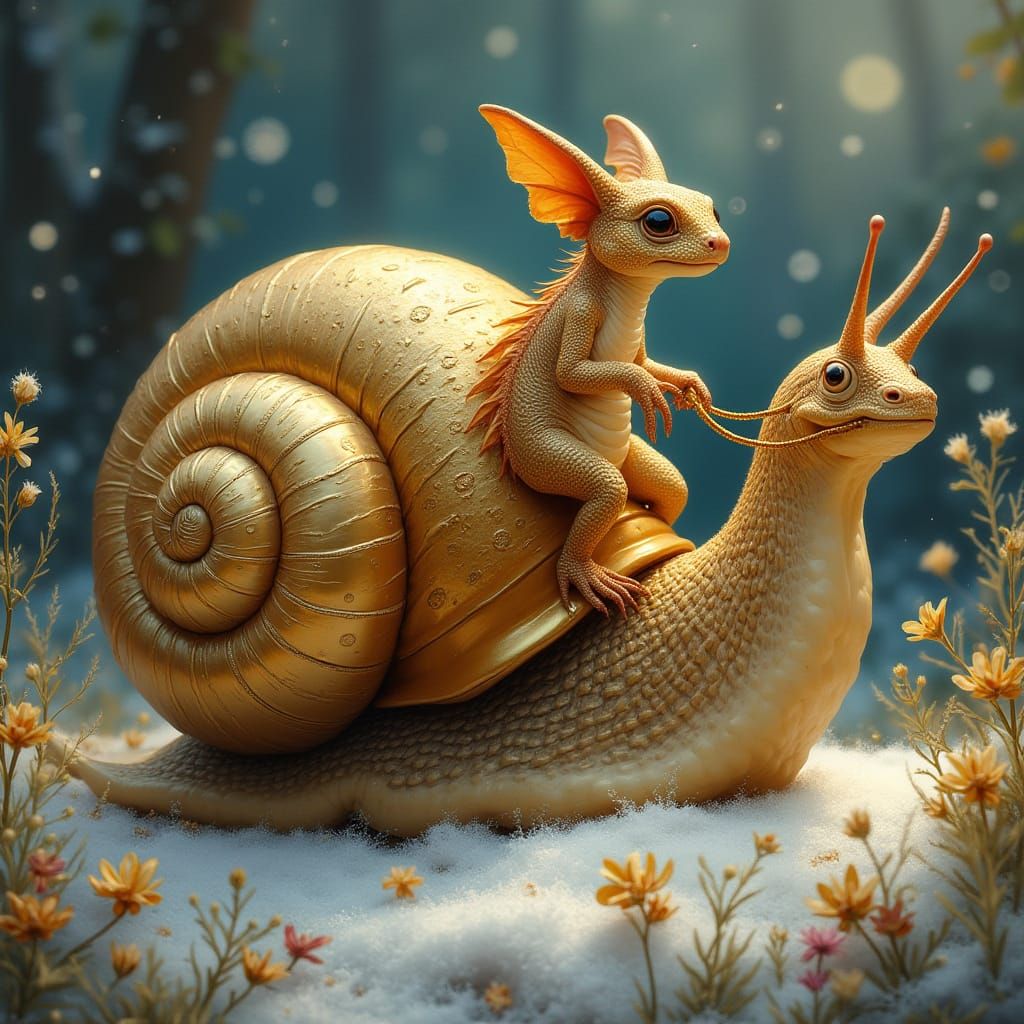 Enchanted Winter Scene with Golden Snail and Dragon-Lizard