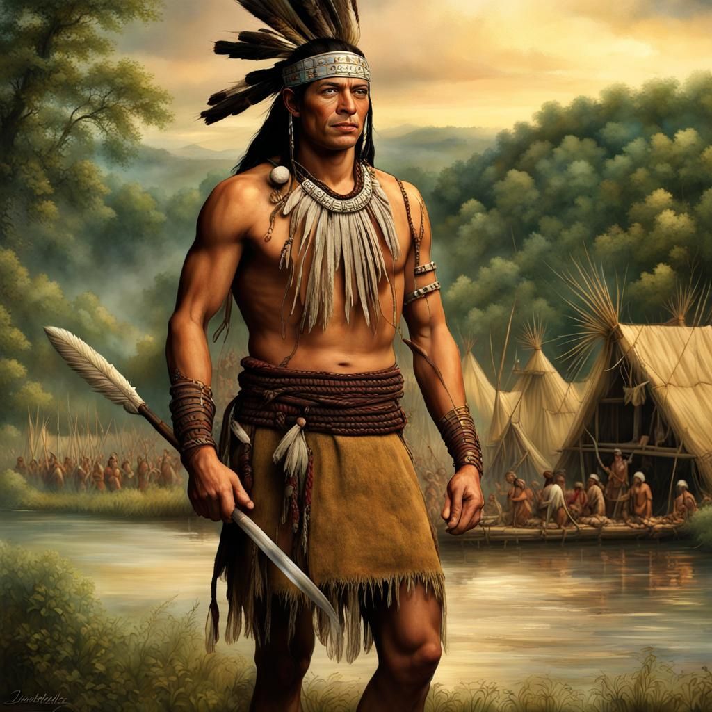 1400s Handsome strong intelligent 30 year old Cherokee male warrior in Native American dress of the 1400s Headband, loin...