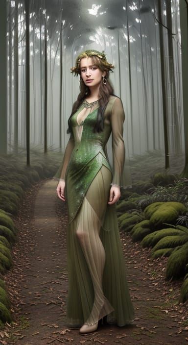 Ethereal Australian Dryad Goddess in Mossy Art Deco Portrait