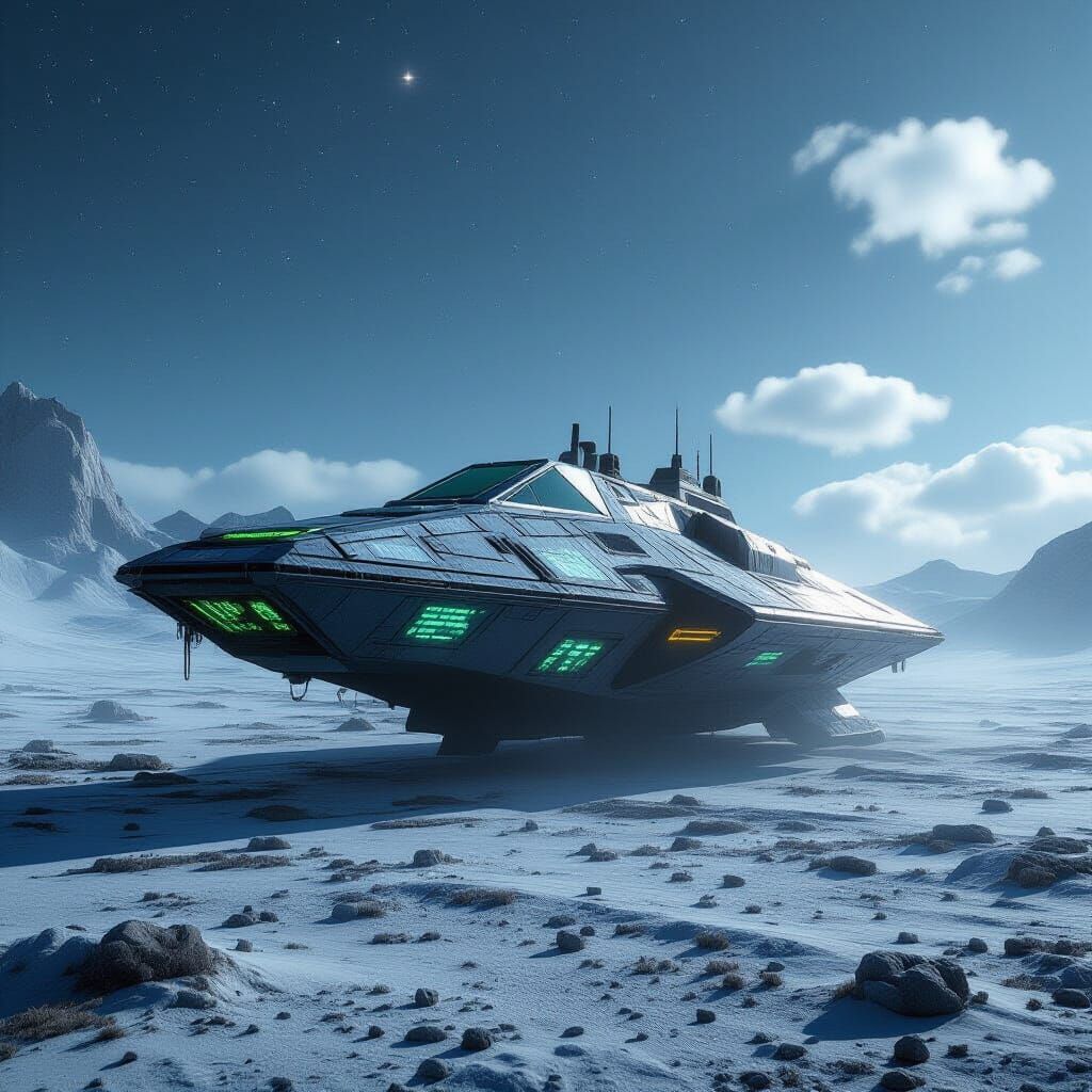 Alien Spaceship on Windswept Planet in 3D Game Style