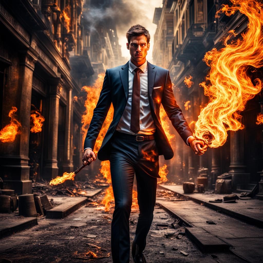 Hyperrealistic Young Businessman Displays Fire Powers