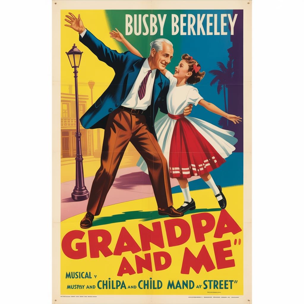 A 1940's movie musical poster. Musical by Busby Berkeley. An old man and a child dance together in the street. The title...