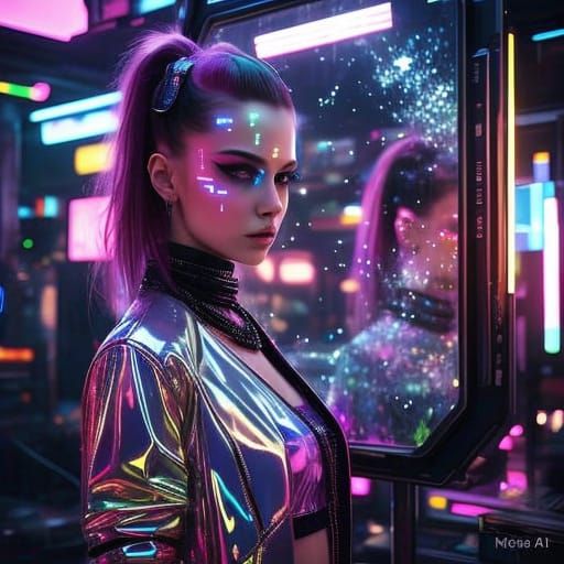 Sleek Cyberpunk Girl Reflected in Holographic Twilight
