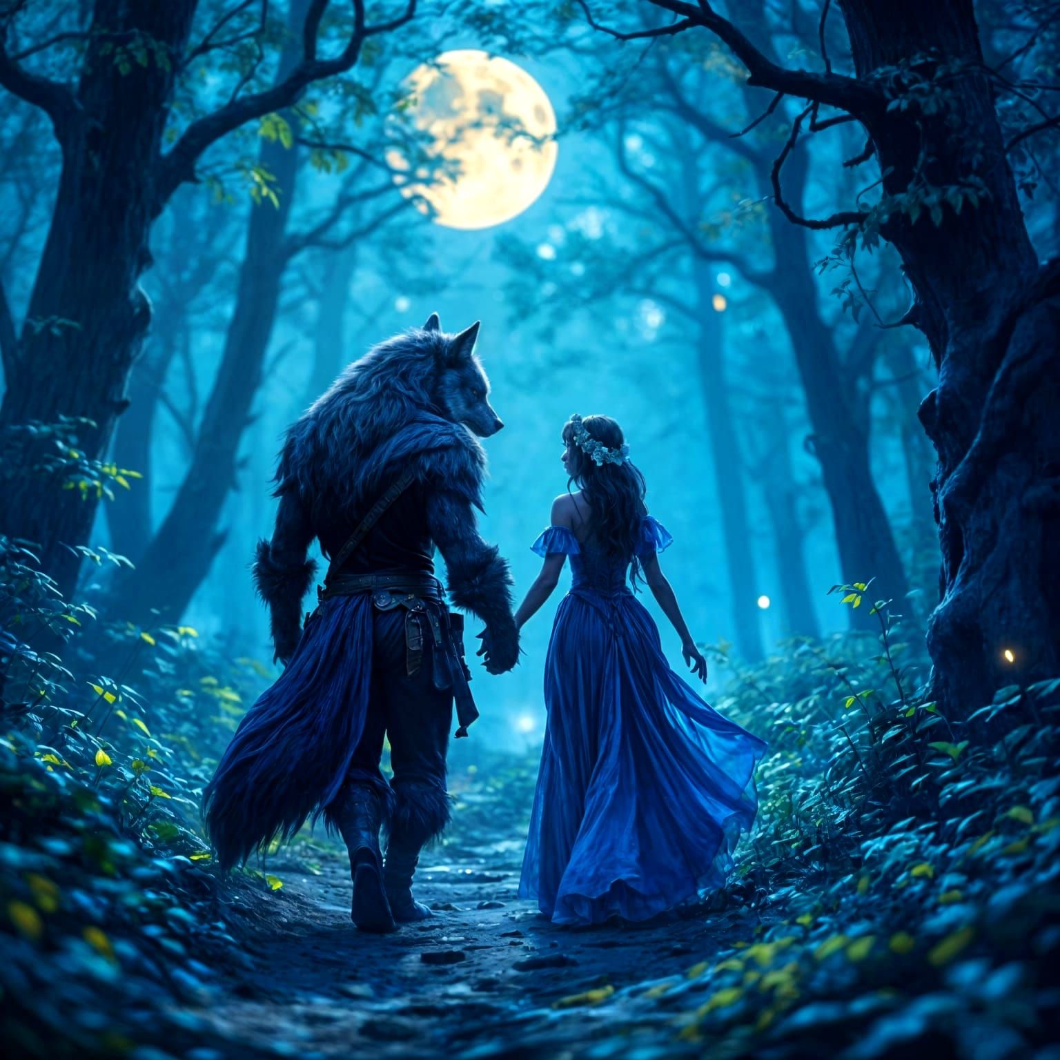 Werewolf and Fairy in Moonlit Magical Forest