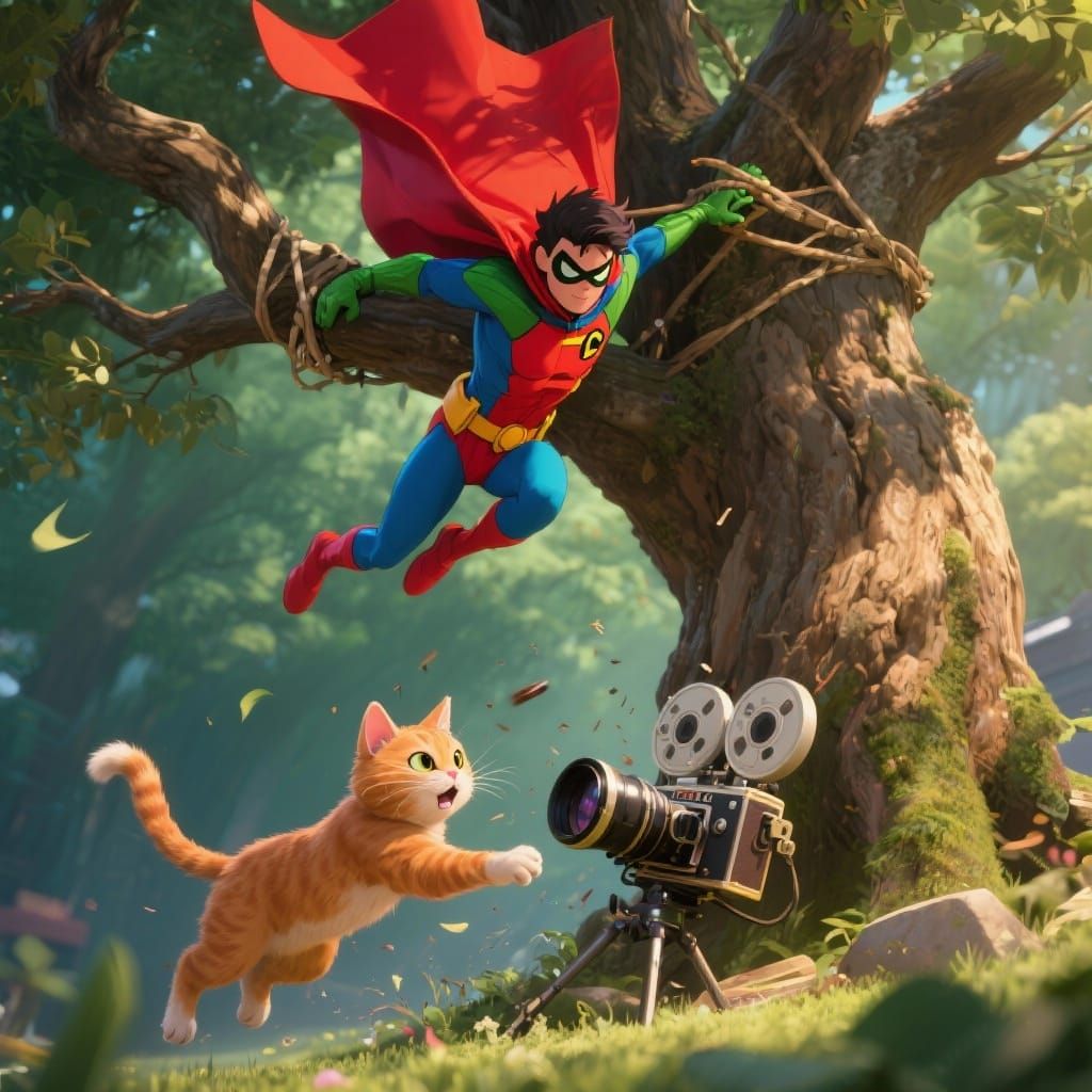 Superhero Stuck in Tree While Cat Steals Spotlight