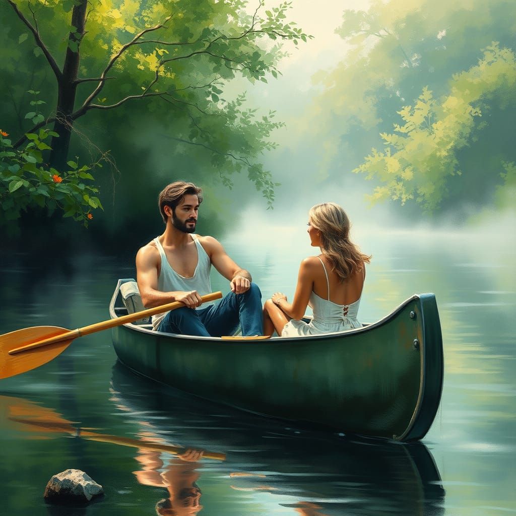 Canoe Couple in Summer Mist: Neo-Impressionist Charcoal Draw...