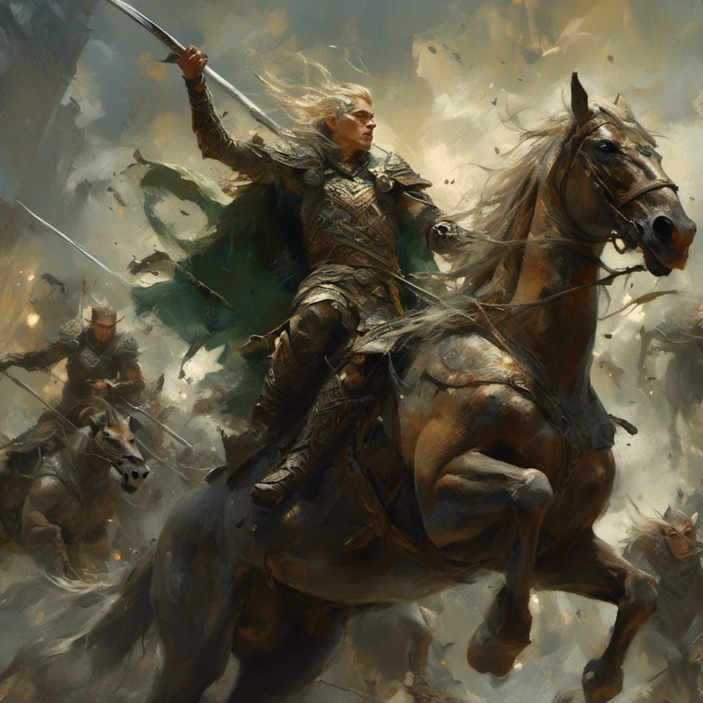 Elven Warriors Battle Goblins in Dramatic Sunlight