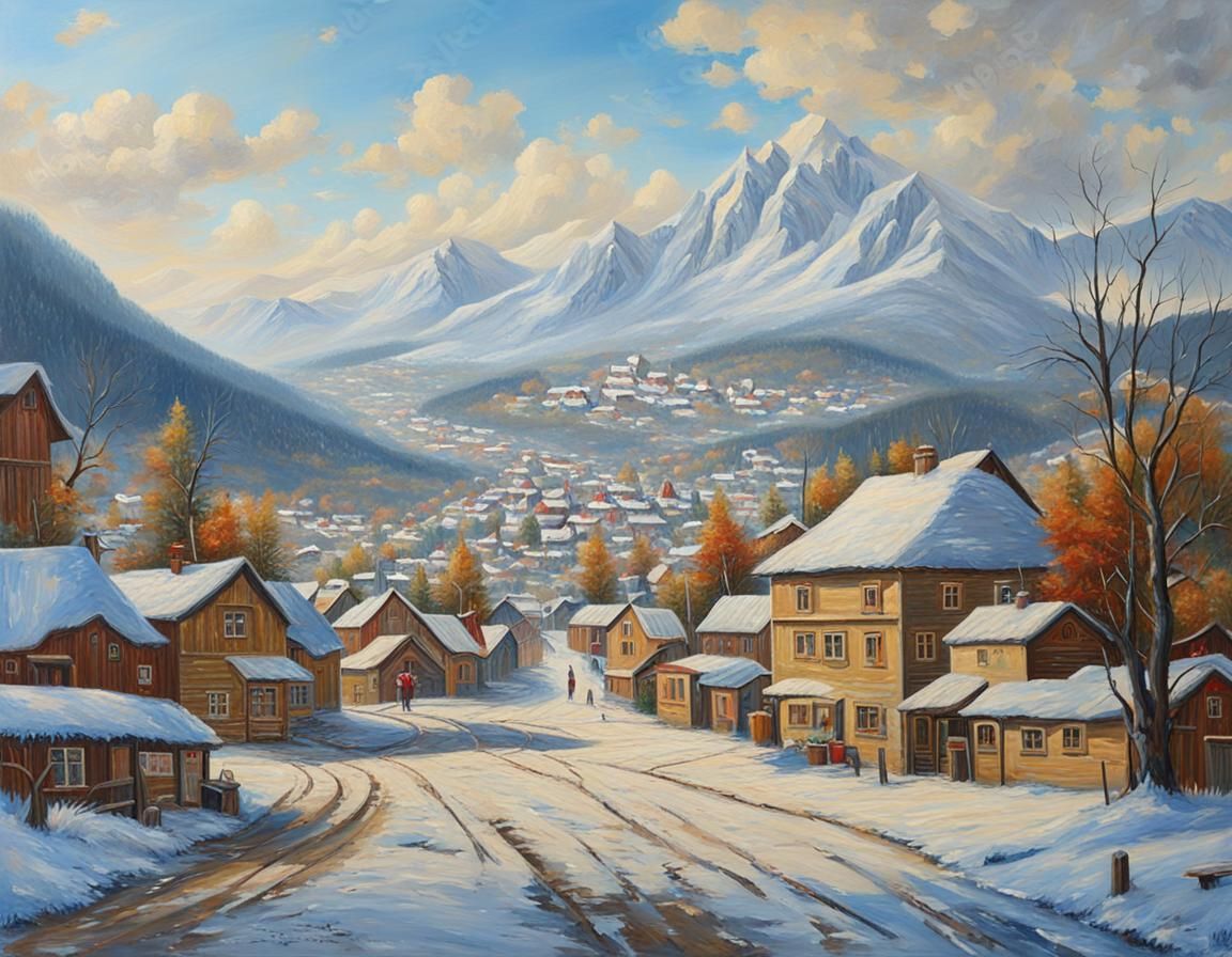 Summer to Winter Village Landscape as Oil Painting