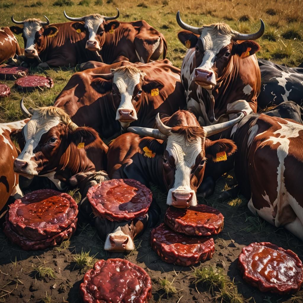 Hyperrealistic Close-Up: Bloody Cow Patties in Field