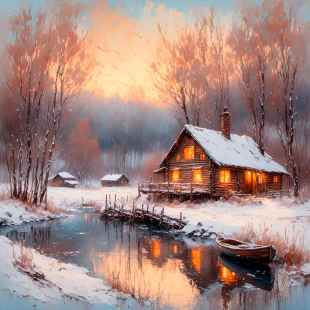 Riverside Cabin in Winter Landscape, Impressionist Style