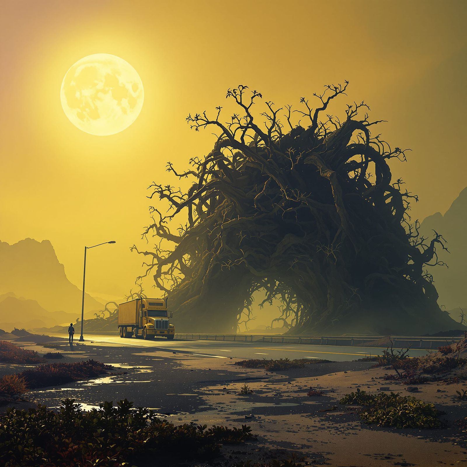 Abandoned Truck Weigh Station on Foggy Planet