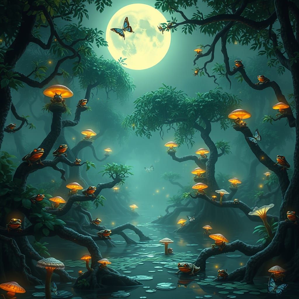 Whimsical Mangrove Swamp Under Moonlight