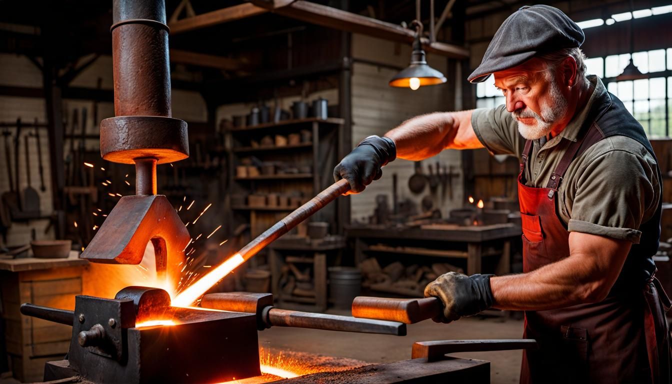 Blacksmith Forging Red-Hot Iron Bar with Hammer