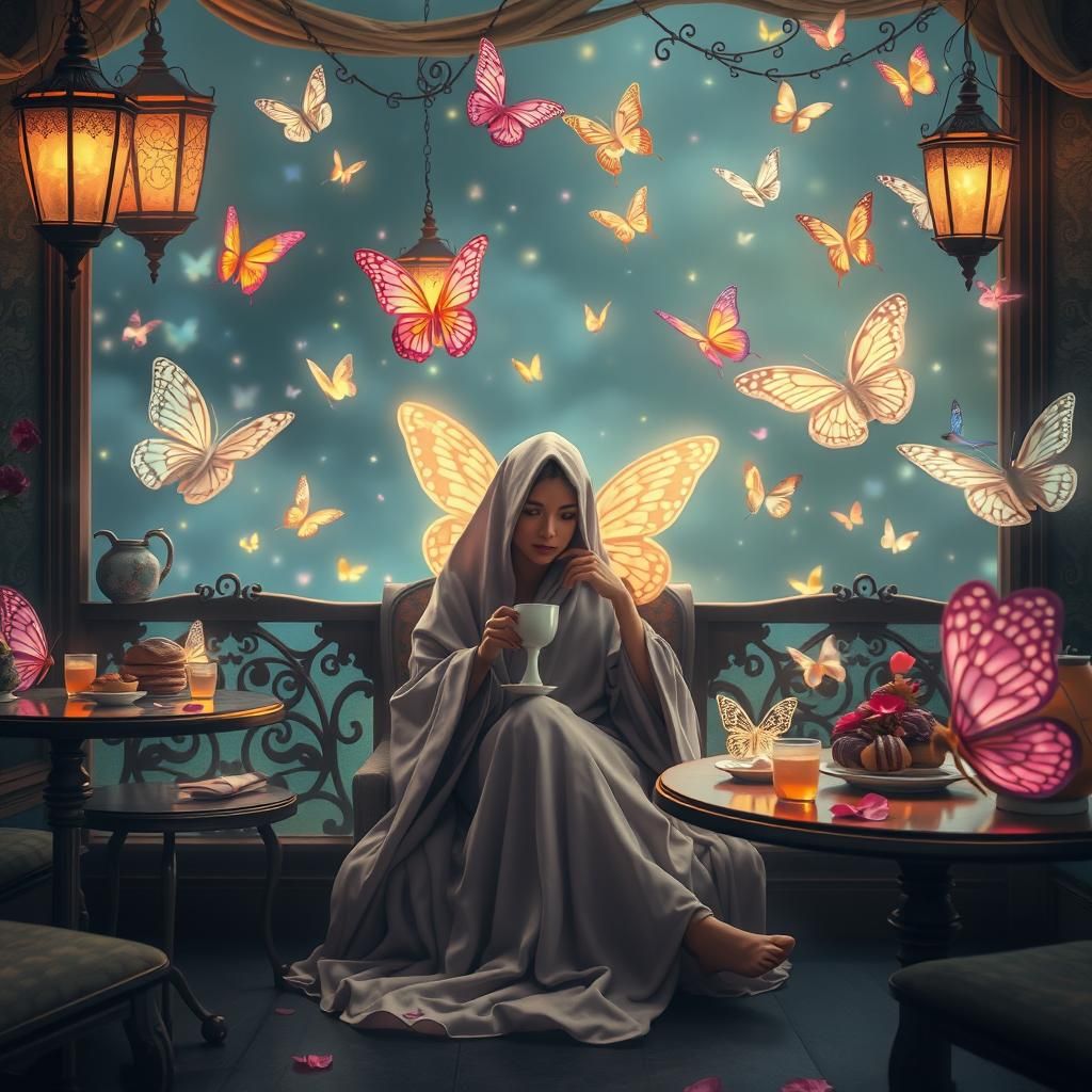 Butterfly Dreamscape: Mystical Cafe Scene in Surreal Style
