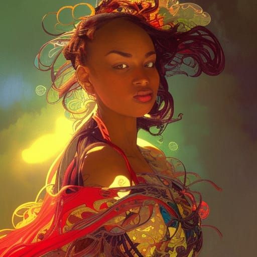 Dynamic Portrait with Swirling Colors, Art Nouveau Style