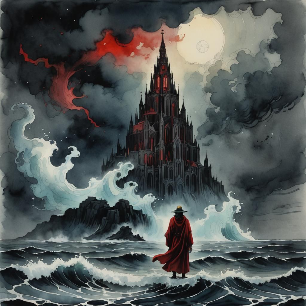 Shaman and Ghost Cathedral in Watercolor Style