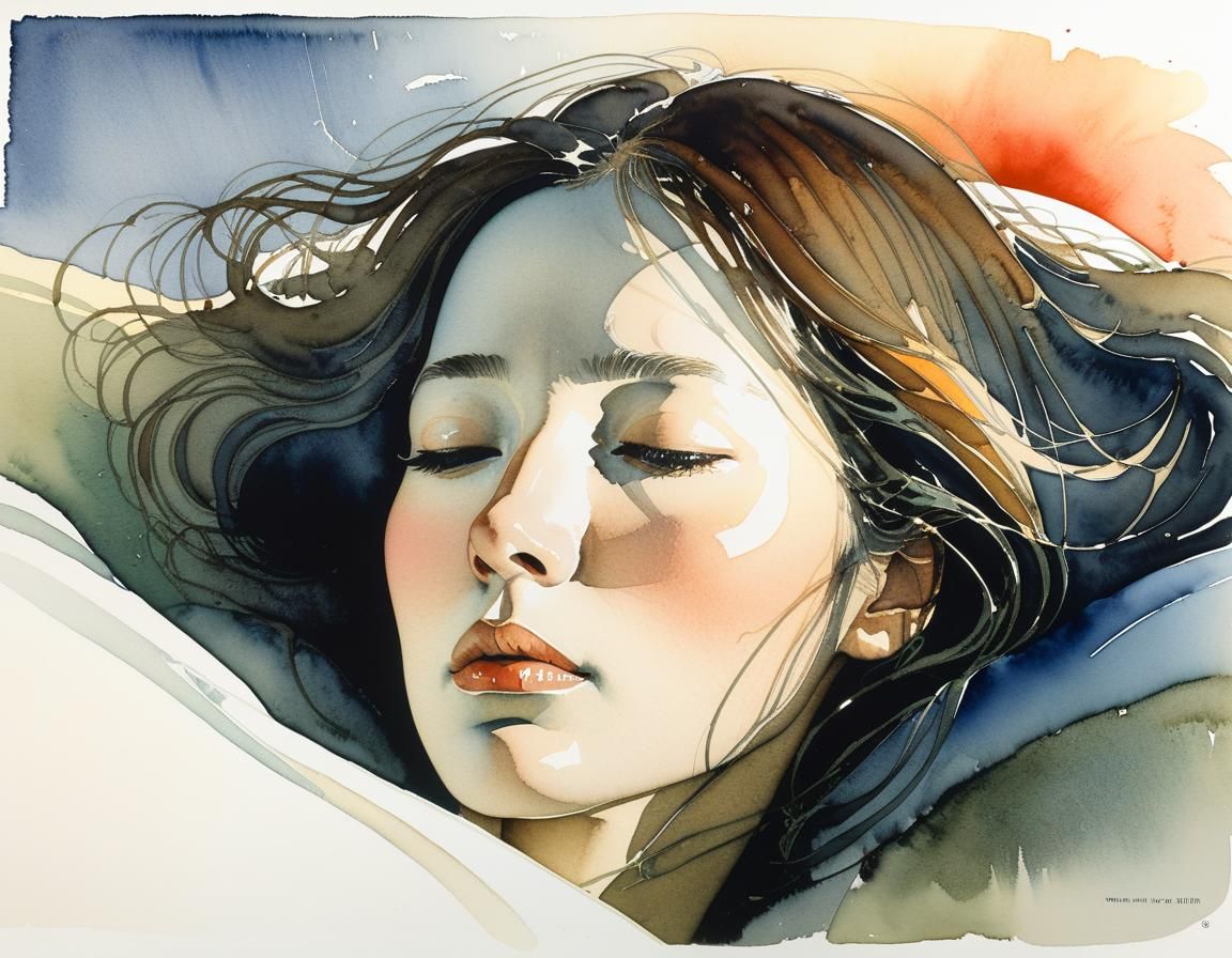 Woman's Wake-Up Face in Watercolor Style