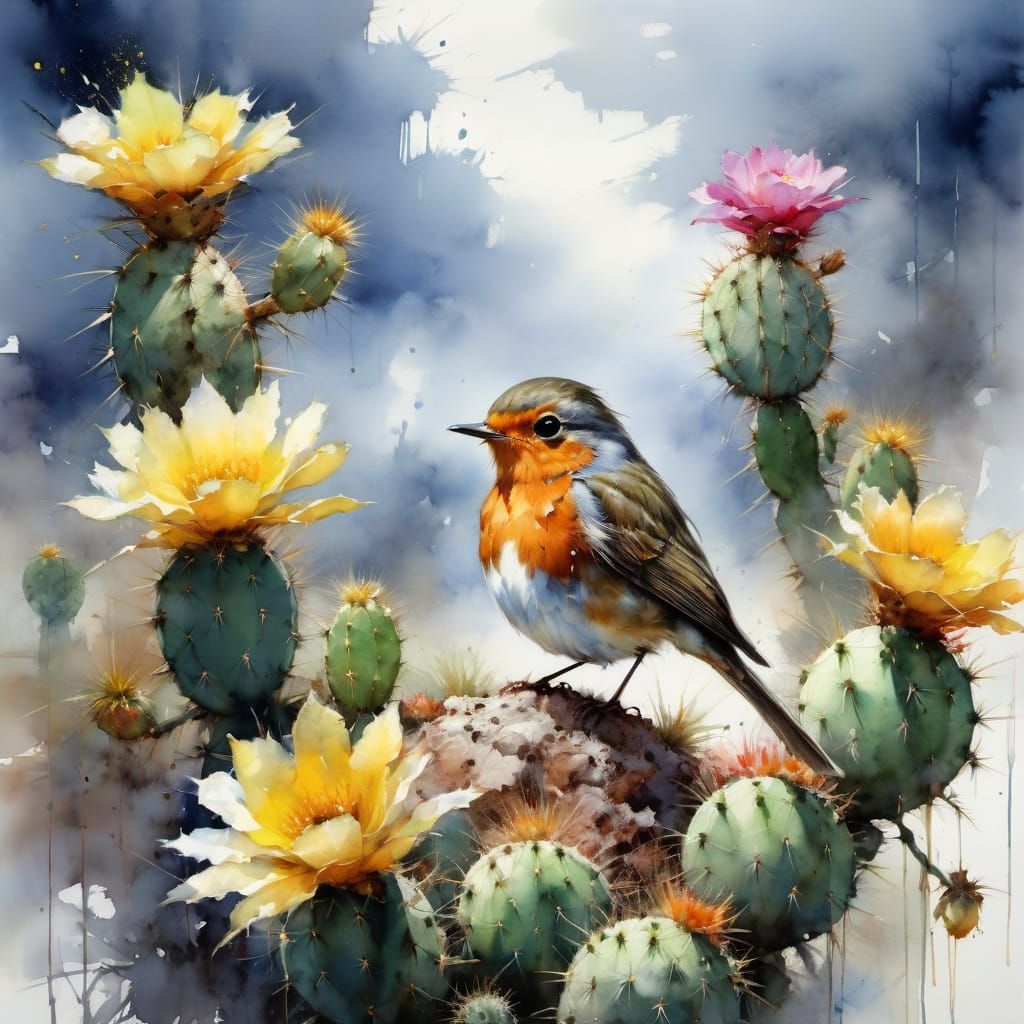 Vibrant Watercolor Robin Amidst Desert Bloom