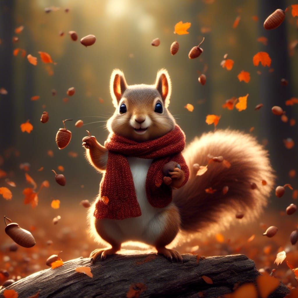 Squirrel with Flying Scarf Gathering Acorns