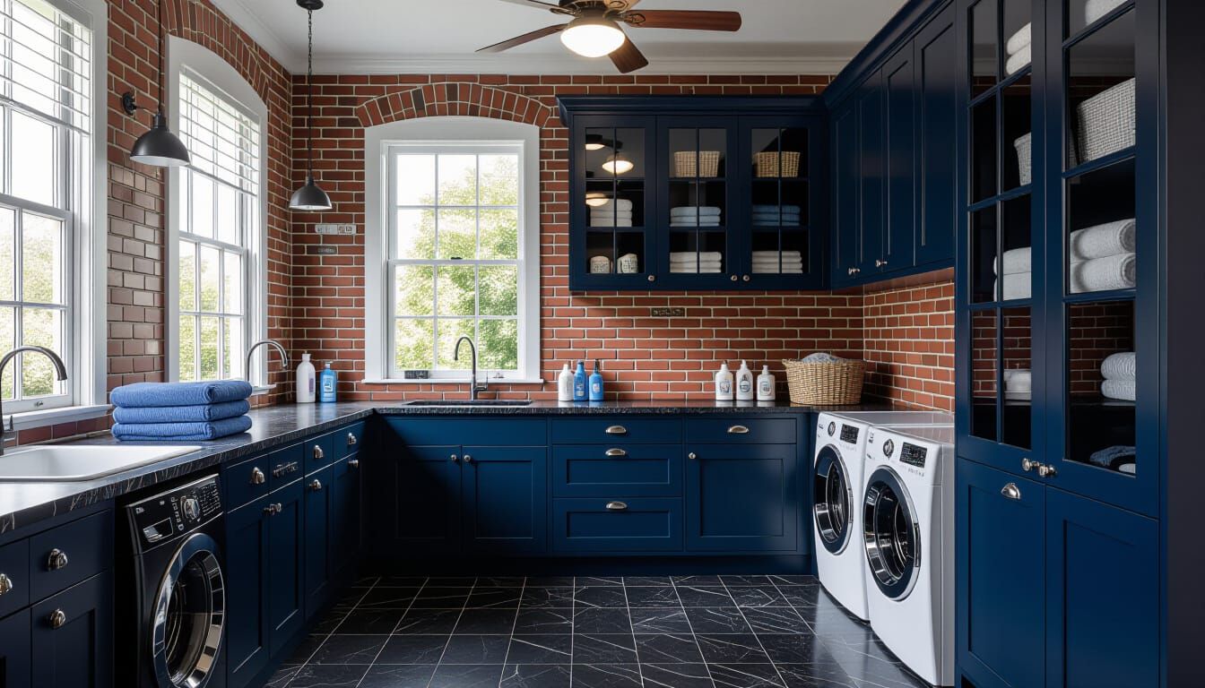 Victorian Laundry Room with Dark Blue and Brick Accents