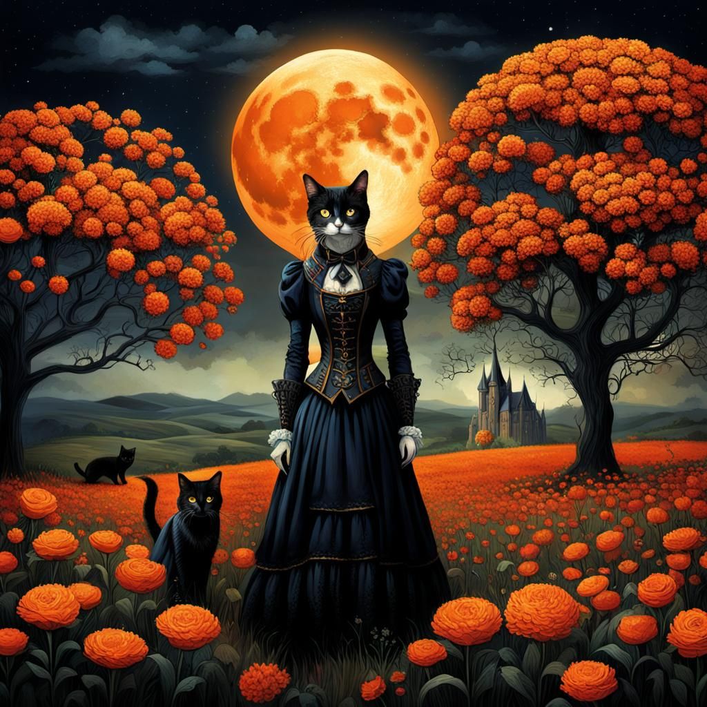 Gothic Steampunk Woman and Cat at Midnight