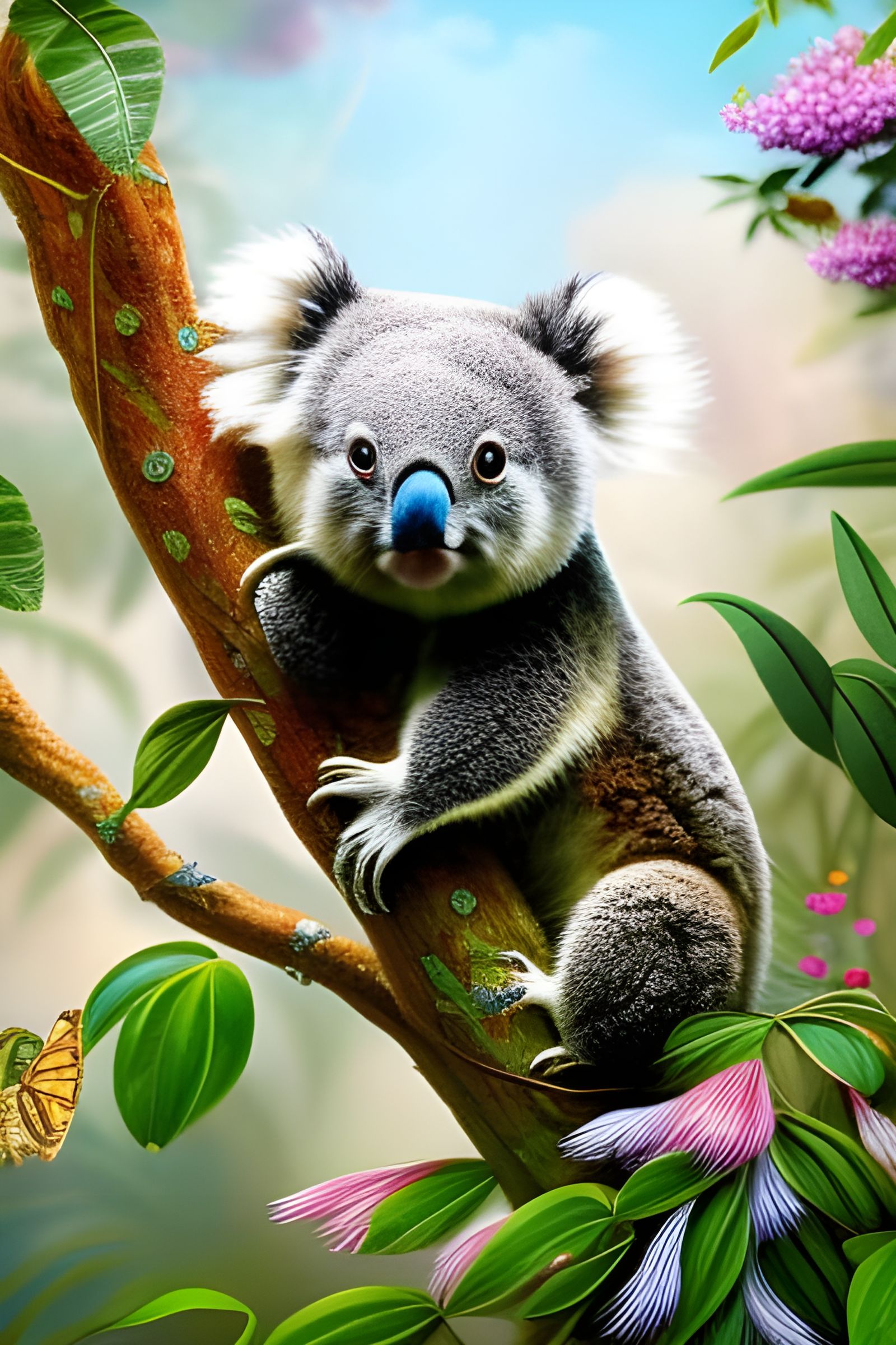 Funny Cute Koala Catching Butterfly in Deco Beauty Style