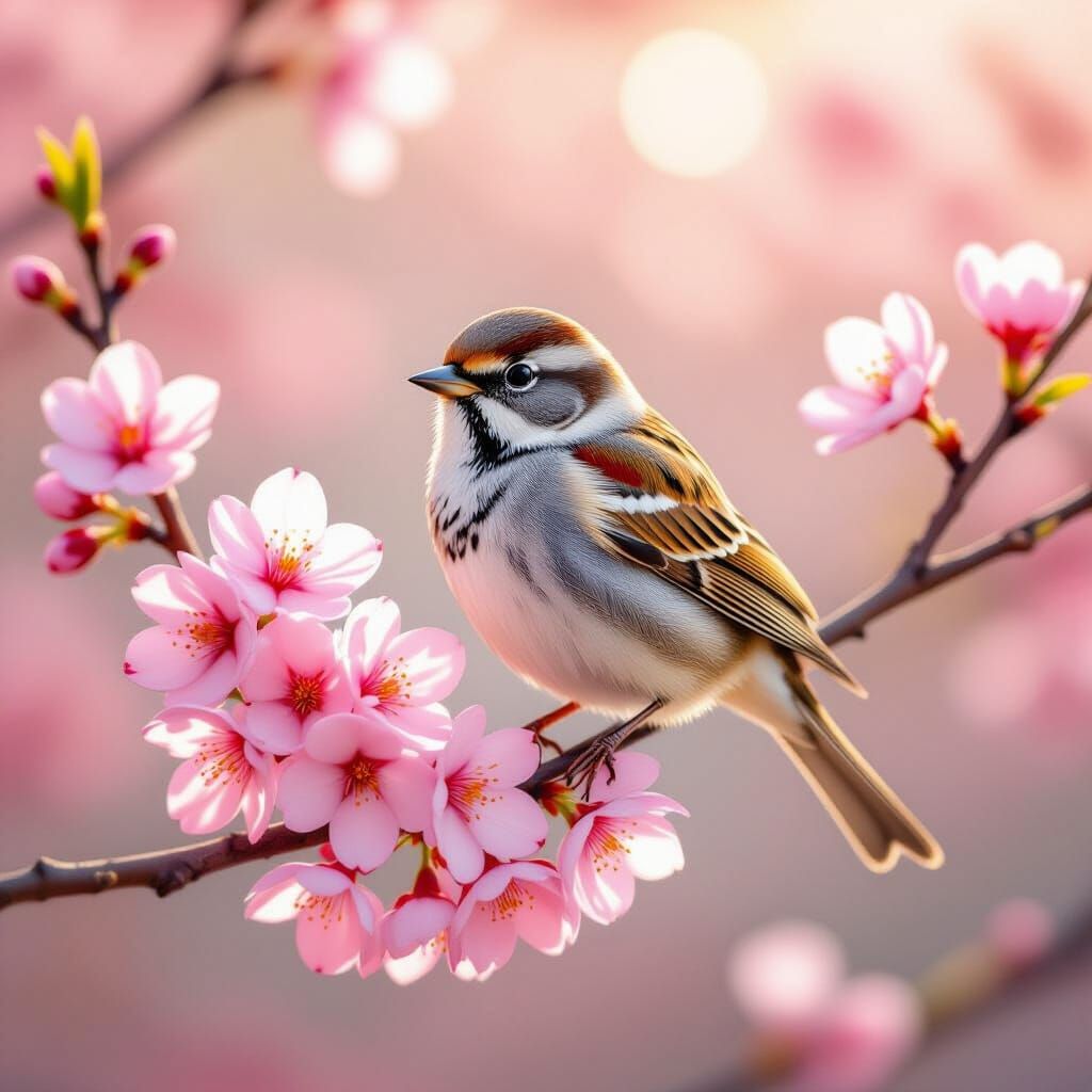 Sparrow on Cherry Blossom Branch in Impressionist Style