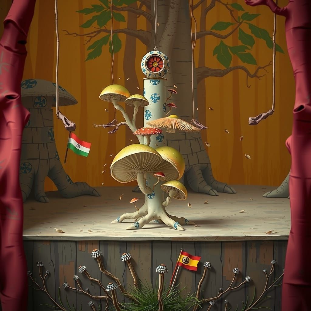 Whimsical Forest Metropolis in Vibrant Porcelain and Woodcut