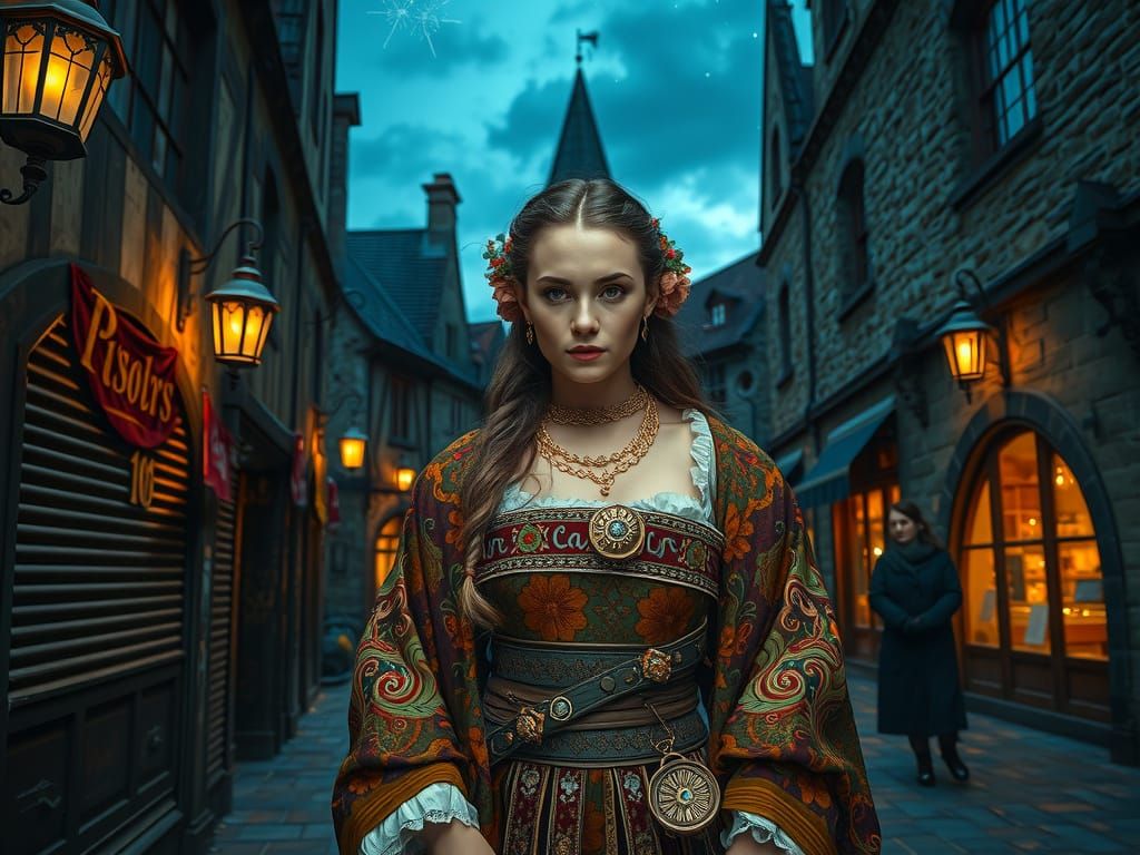 Medieval Lady in Warmly Lit Evening Scene