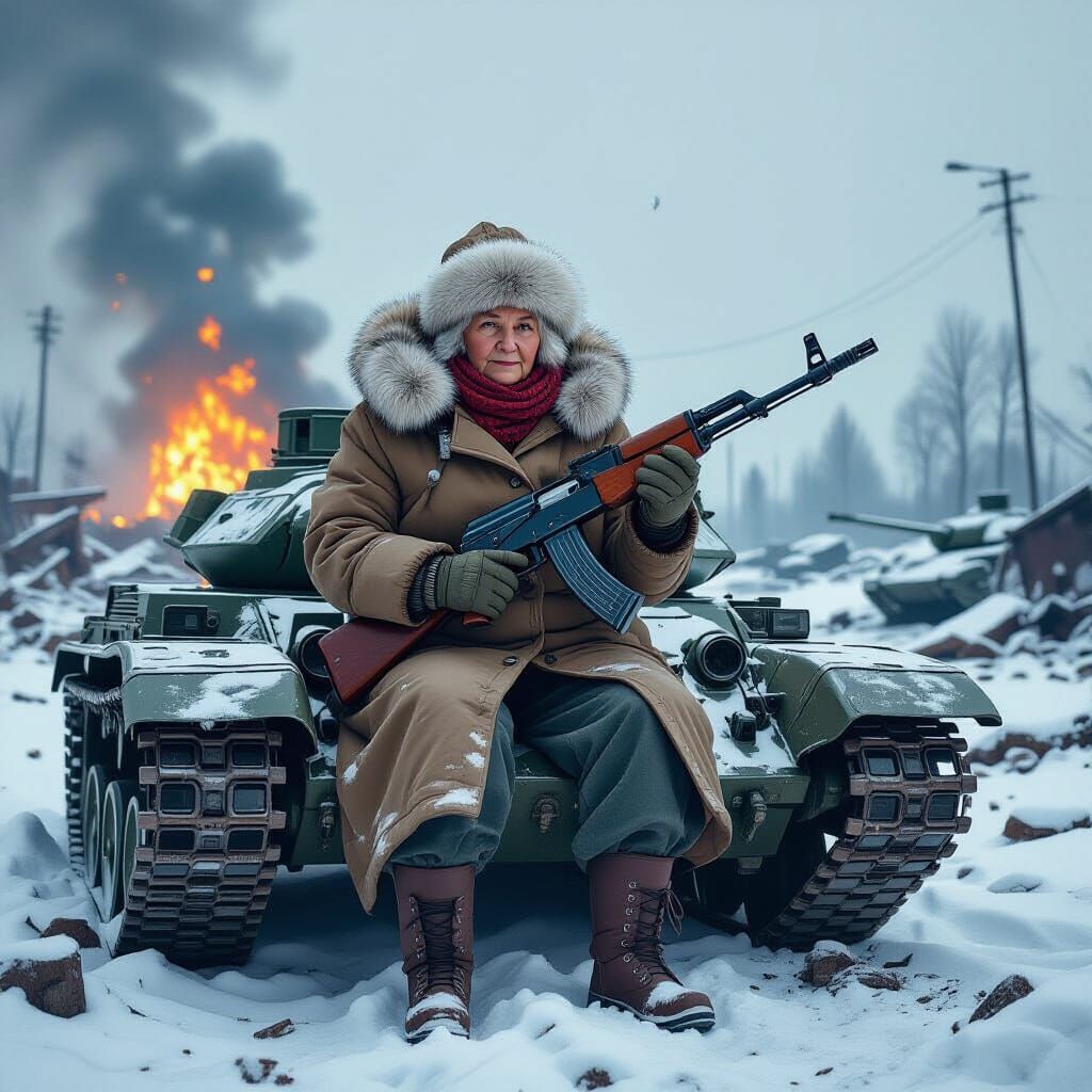 Hyperrealistic Russian Grandma on Battlefield with AK-47