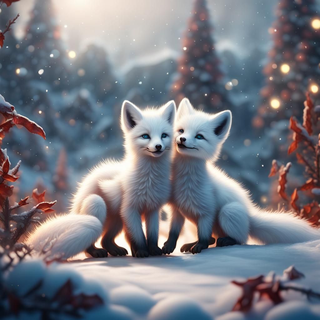Arctic Foxes Play in Winter Christmas Scene