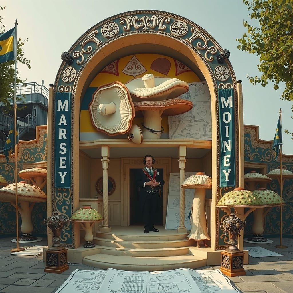 Mystical Freemason Counts Linocut Mushroom Prints in Surreal...