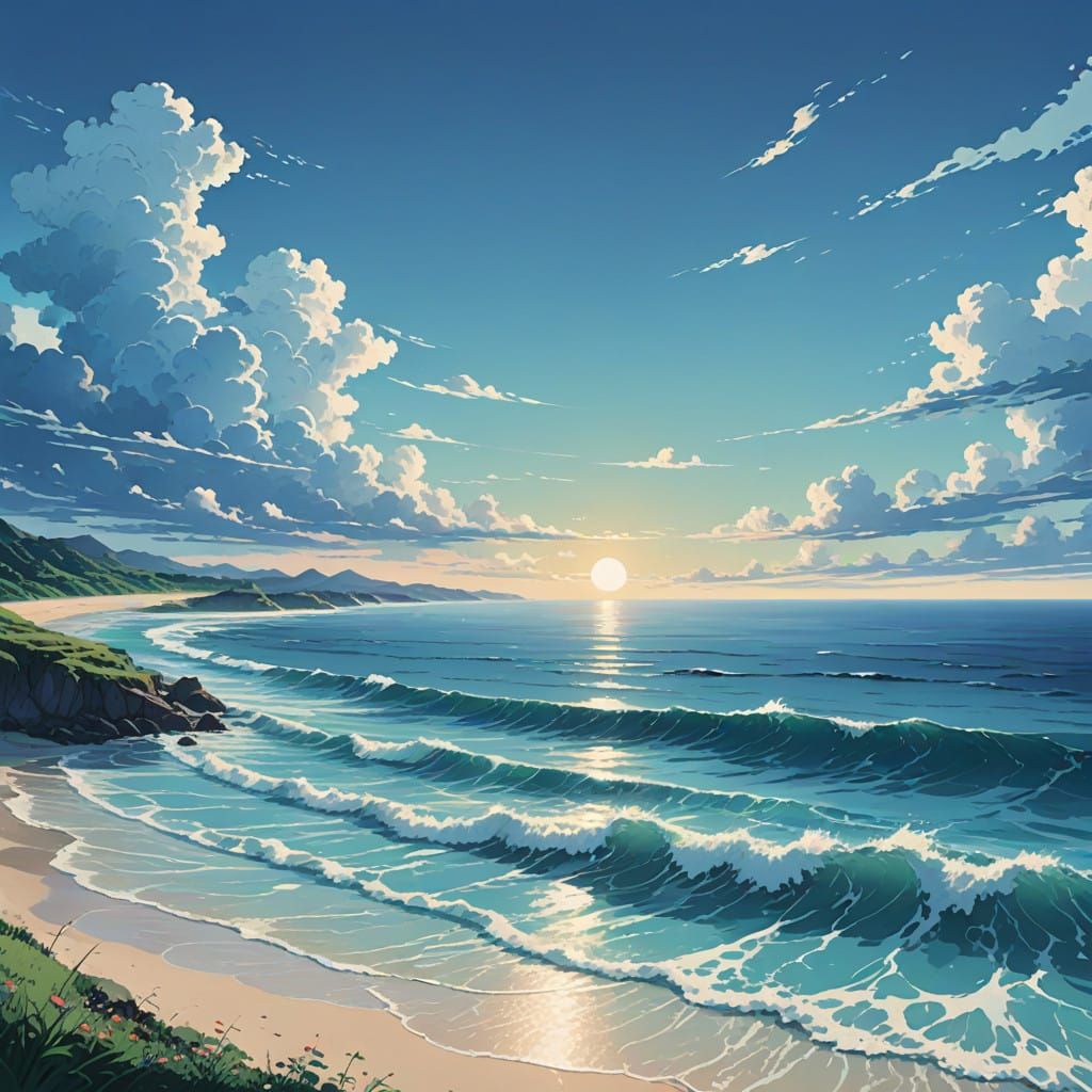 Dreamy Anime Ocean Landscape with Gentle Waves