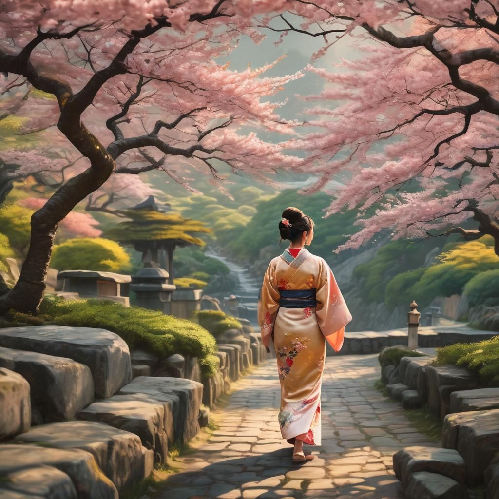 Japanese Woman Beneath Cherry Blossoms in Oil Painting Style