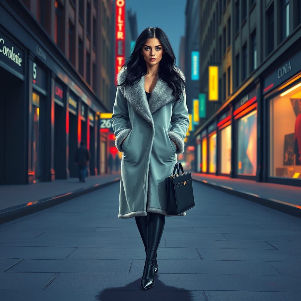 Woman in Fur Coat on Dark City Street at Night