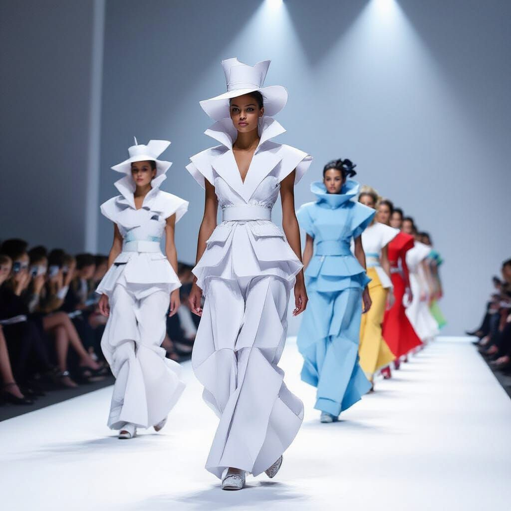 Abstract Paper Models on Runway in Steampunk Style