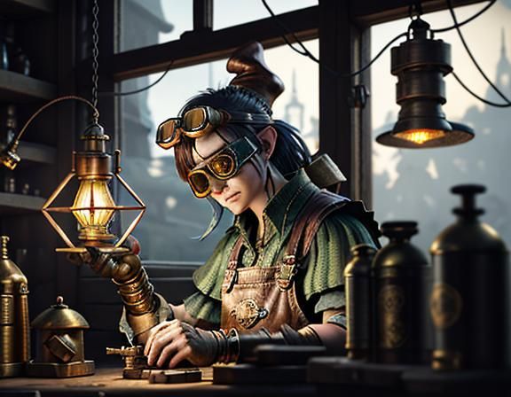 Gnome Repairs Automaton: Steampunk 3D Game Art