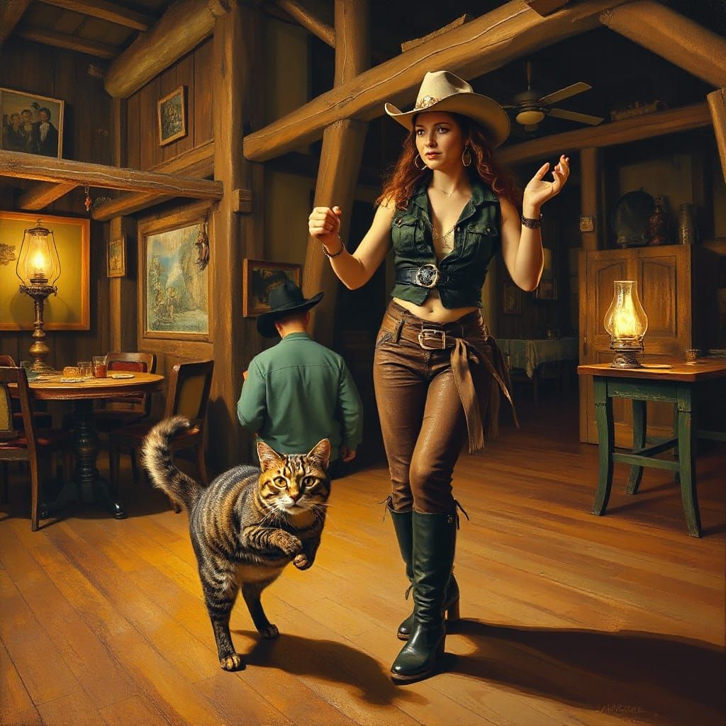 Cowgirl and Cat Dance Rumba in Rustic Saloon Oil Painting