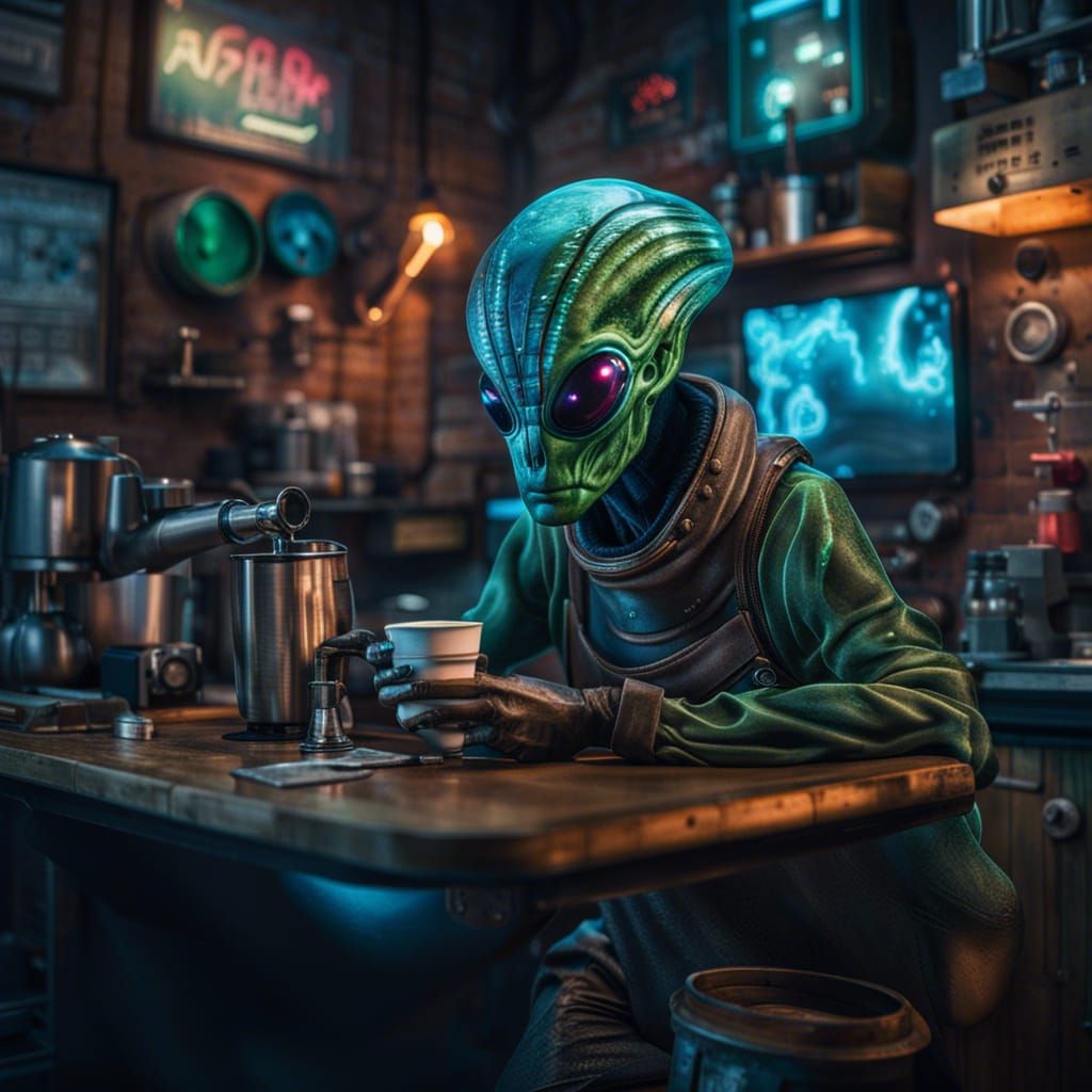 Alien Barista in Gritty Sci-Fi Coffee Shop